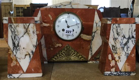 Rouge marble Art Deco clock set